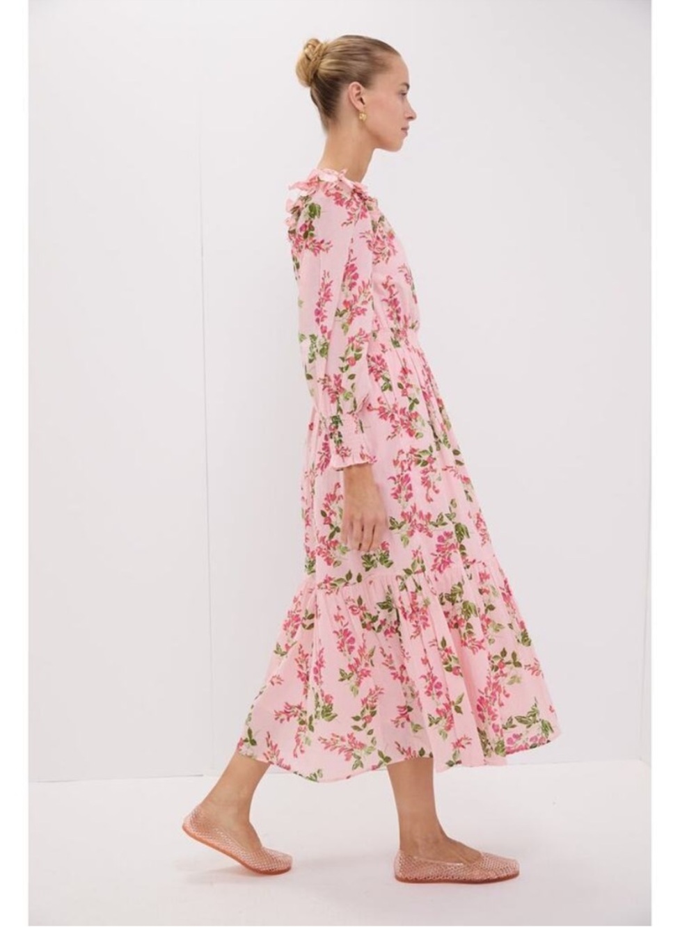 Banjanan Pearl Pink Floral Ruffled Long Sleeve Midi Dress in Wisteria Cabaret M - Picture 2 of 14